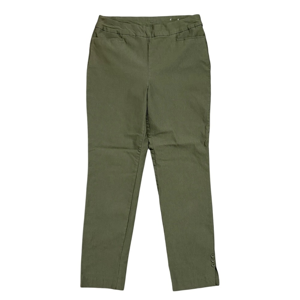 Chico's Minimalist Pull On Ankle Pants Olive Green Button Hem Women's Size 1R-8R